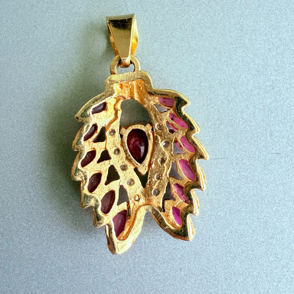 Estate 14K Gold 2.5 TCW Burmese Ruby Diamond Angel Wings Heart 1.25" Pendant - Picture 4 of 6